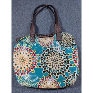Fossil Key-Per Coated Canvas Tote Bag Teal Kaleidoscope Geometric Dots